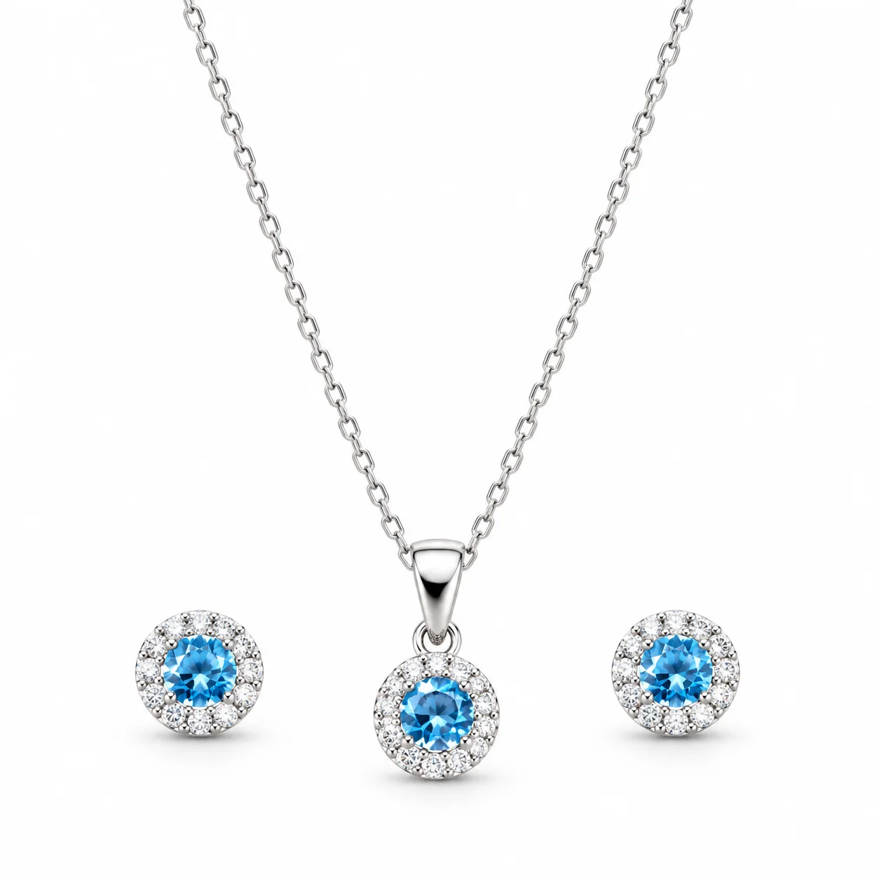 Light blue halo gemstone necklace and matching earrings set